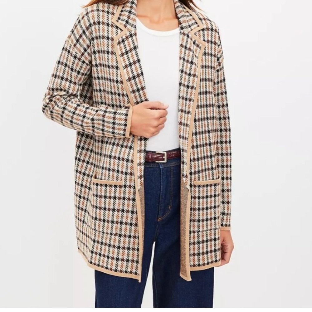 Loft Plaid Check Open Front Sweater Knit Blazer Size XS Fall Brown‎ Acadamia